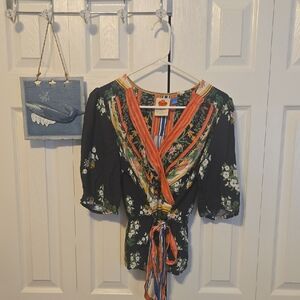 FARM Rio Black Floral Wrap Blouse with Orange-Trim Tie